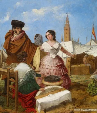 环形糕点集市摊位风景画油画