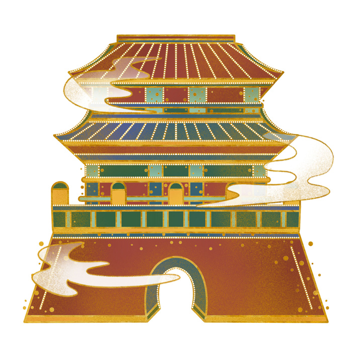 中国风复古式国潮门楼手绘城门插画牌楼建筑PSD素材png免扣图