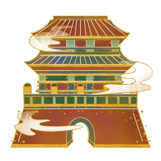 中国风复古式国潮门楼手绘城门插画牌楼建筑PSD素材png免扣图