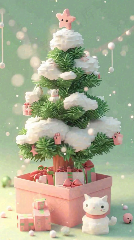 冬天圣诞树有小猫可爱，雪球雪花圣诞节(816x1456)