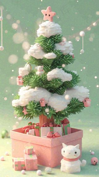 冬天圣诞树有小猫可爱，雪球雪花圣诞节