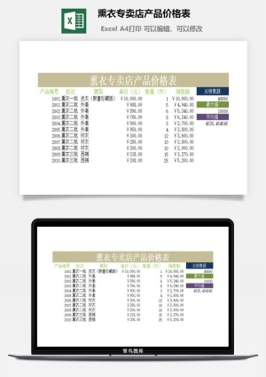 熏衣专卖店产品价格表excel模板