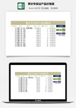熏衣专卖店产品价格表excel模板