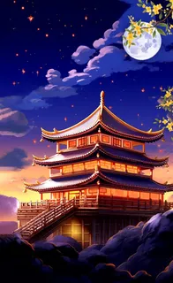 中秋月圆桂花古建筑阁楼插画背景 中秋月圆桂花古建筑阁楼插画背景