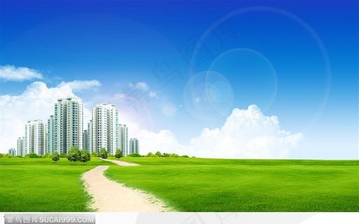 城市建筑和草地草原 田间小路风景高清图片