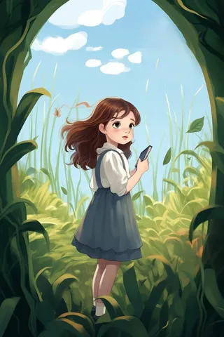 少女在绿叶藤蔓围绕的草丛里卡通插画素材