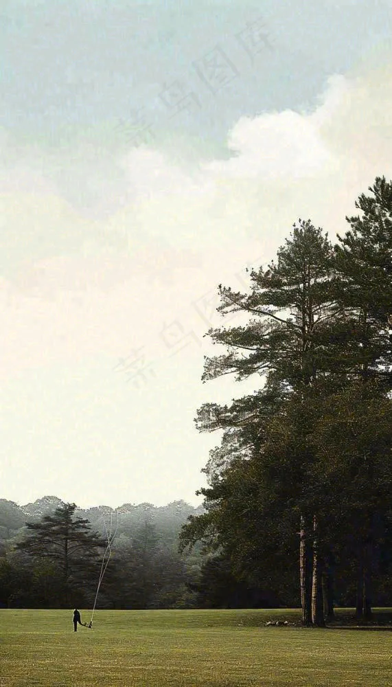天空白云下的草坪放风筝，简约踏青春天摄影图(832x1456)