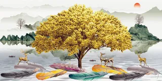 山水金鹿发财树装饰画