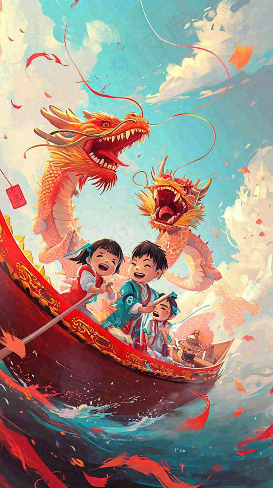 海面上龙船开船手绘插画，孩子人物，蓝天白云古风(816x1456)