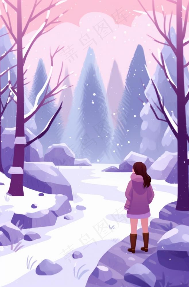 冬天下雪女孩走在森林的道路白雪紫粉色卡通插画背景