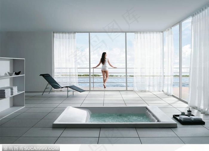 面对大海的现代简约风格SPA浴室