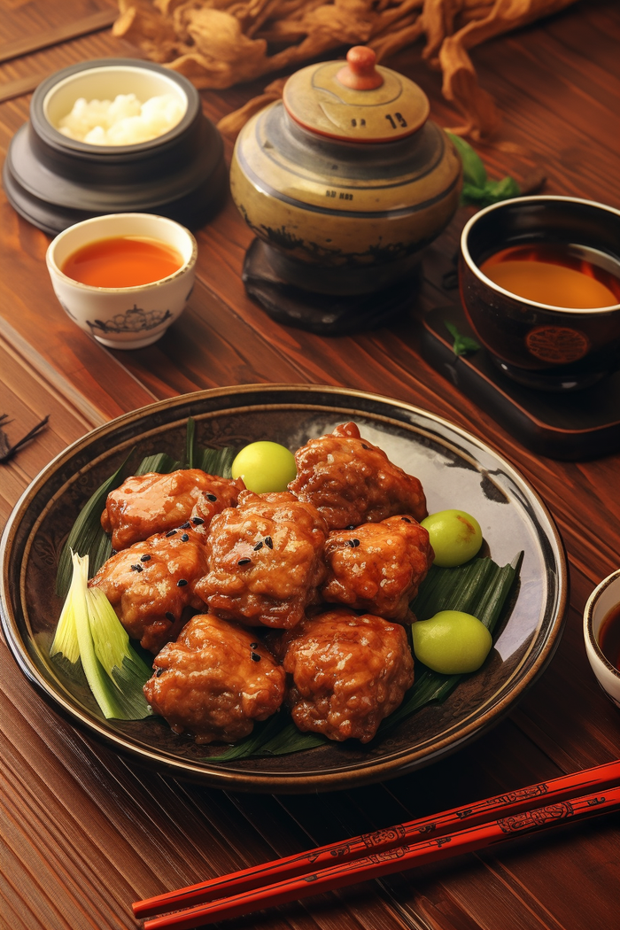 美食红烧肉丸配料碗筷摄影图(2688x4032)