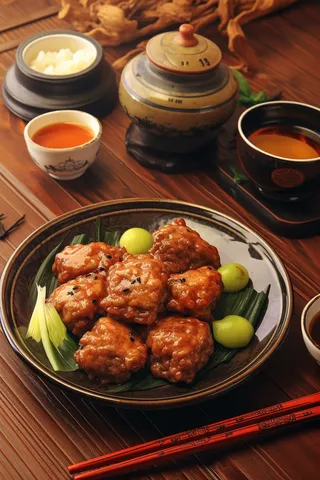 美食红烧肉丸配料碗筷摄影图