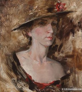 戴帽子的女士肖像油画