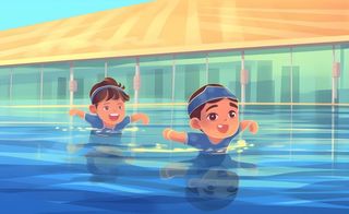 游泳池游泳儿童学生们玩乐蓝色卡通插画背景