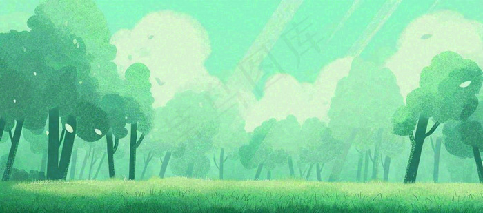 春天绿色插画手绘森林草地，白云阳光