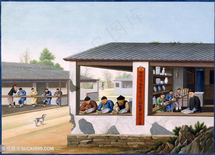 古代瓷器厂另一角集市贸易场景绘画图片