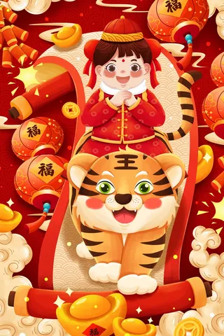 虎年中国风萌虎插画