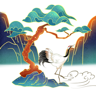 国潮仙鹤插画免扣素材设计素材