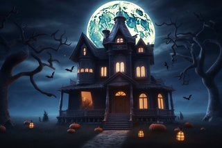 万圣节夜晚城堡蝙蝠恐怖插画背景