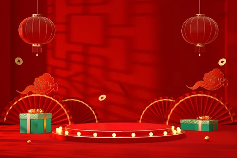 中国风古典喜庆C4D背景图3D国潮场景促销活动海报PSD设计素材模板