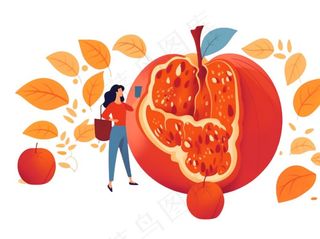 石榴水果少女卡通插画免抠