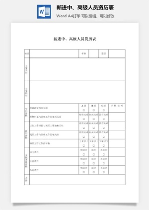 新进中、高级人员资历表word模板预览图