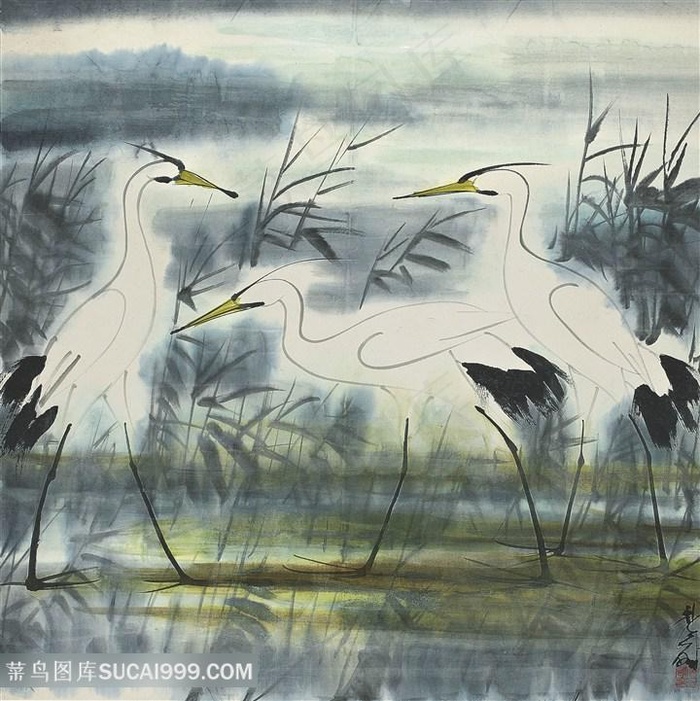 林风眠手绘水墨仙鹤湖畔风景画