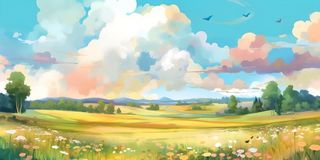 春天蓝天白云草原绿色树草地手绘插画海报素材背景