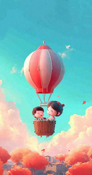 游玩旅行城市卡通热气球，欢乐儿童节