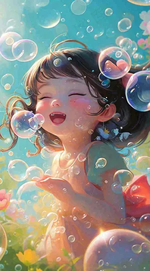 春天夏天女孩草地玩耍，阳光白云气泡可爱插画