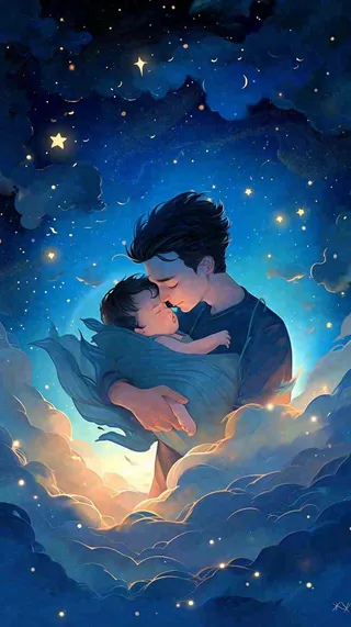 父爱如山父亲节温情亲情爱意深蓝唯美星光手绘插画