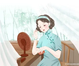 手绘民国穿旗袍的美女插画