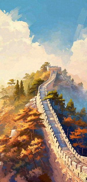 中国风长城雄伟建筑户外手绘插画