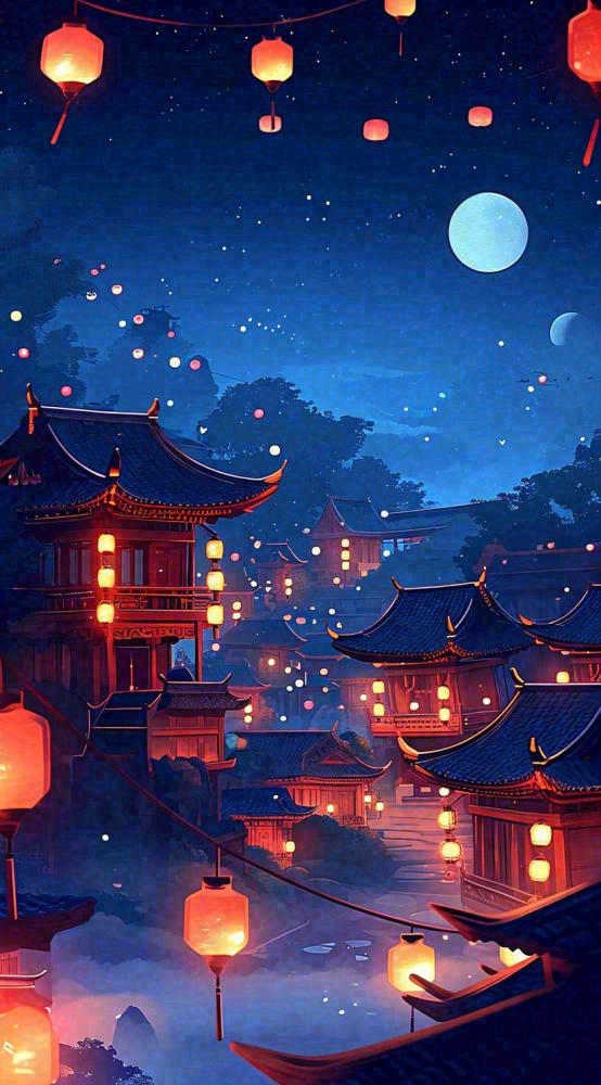 夜晚夜景月亮国风建筑灯笼星空浪漫，恐怖悬疑