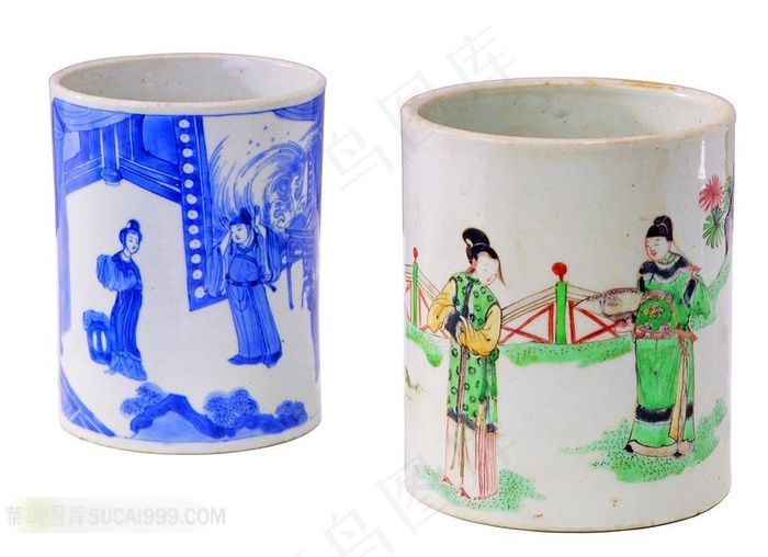 中国人物画瓷器笔筒高清素材