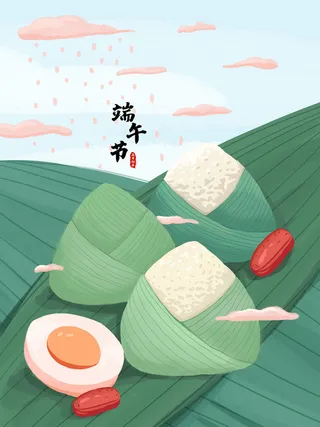 国潮风中国传统节日端午节赛龙舟粽子场景插画海报PSD设计素材