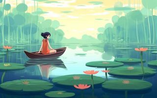 湖泊划船睡莲风光插画背景