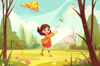 草地放风筝女孩插画背景