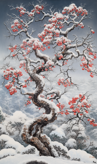 冬季雪天森林的果树卡通插画