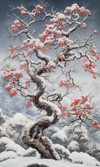 冬季雪天森林的果树卡通插画