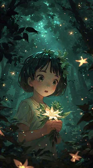 丛林里发着光的人，绿叶树林星光手绘插画