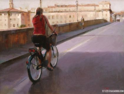 骑自行车的女人油画