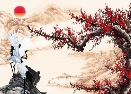 新年山水鹤桃花