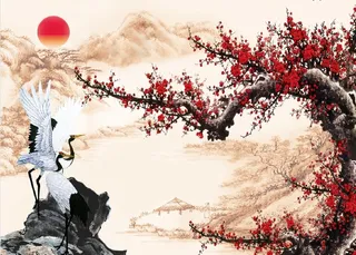 新年山水鹤桃花