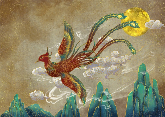 国潮鎏金复古烫金国风孔雀仙鹤装饰画素材PSD