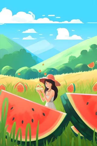 蓝天白云吃西瓜的女孩山草地插画背景