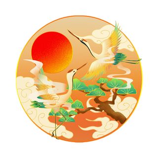 中国风国潮仙鹤山水插画手绘元素场景PSD设计素材