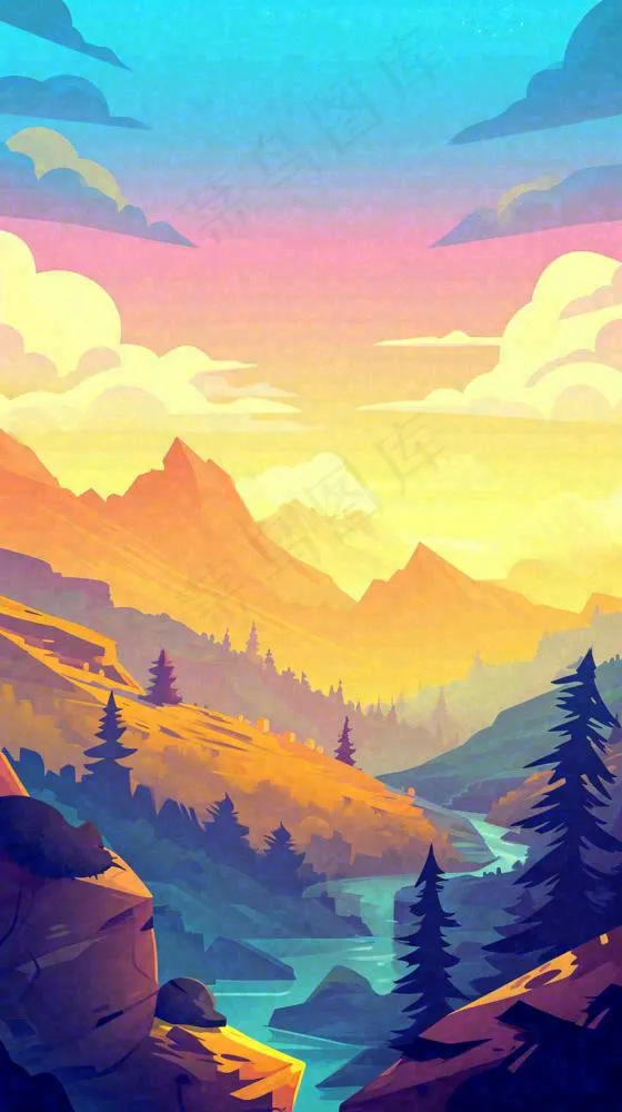 落日山脉河流小溪扁平手绘插画，旅行游玩登山郊游(816x1456)