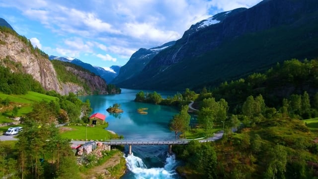 河, 溪, 山, 花朵, 村庄
